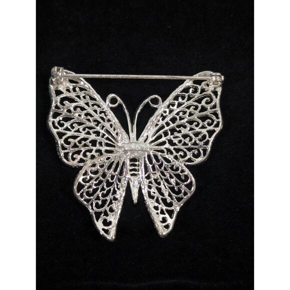 Vintage M Jent Butterfly Pin Silver Tone Open Metal Work Brooch - Picture 5 of 8